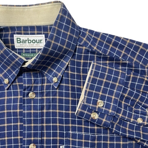 Barbour Other - Barbour Mens Button Up Flannel Plaid Shirt Size Medium Regular Fit Blue Tan Fall